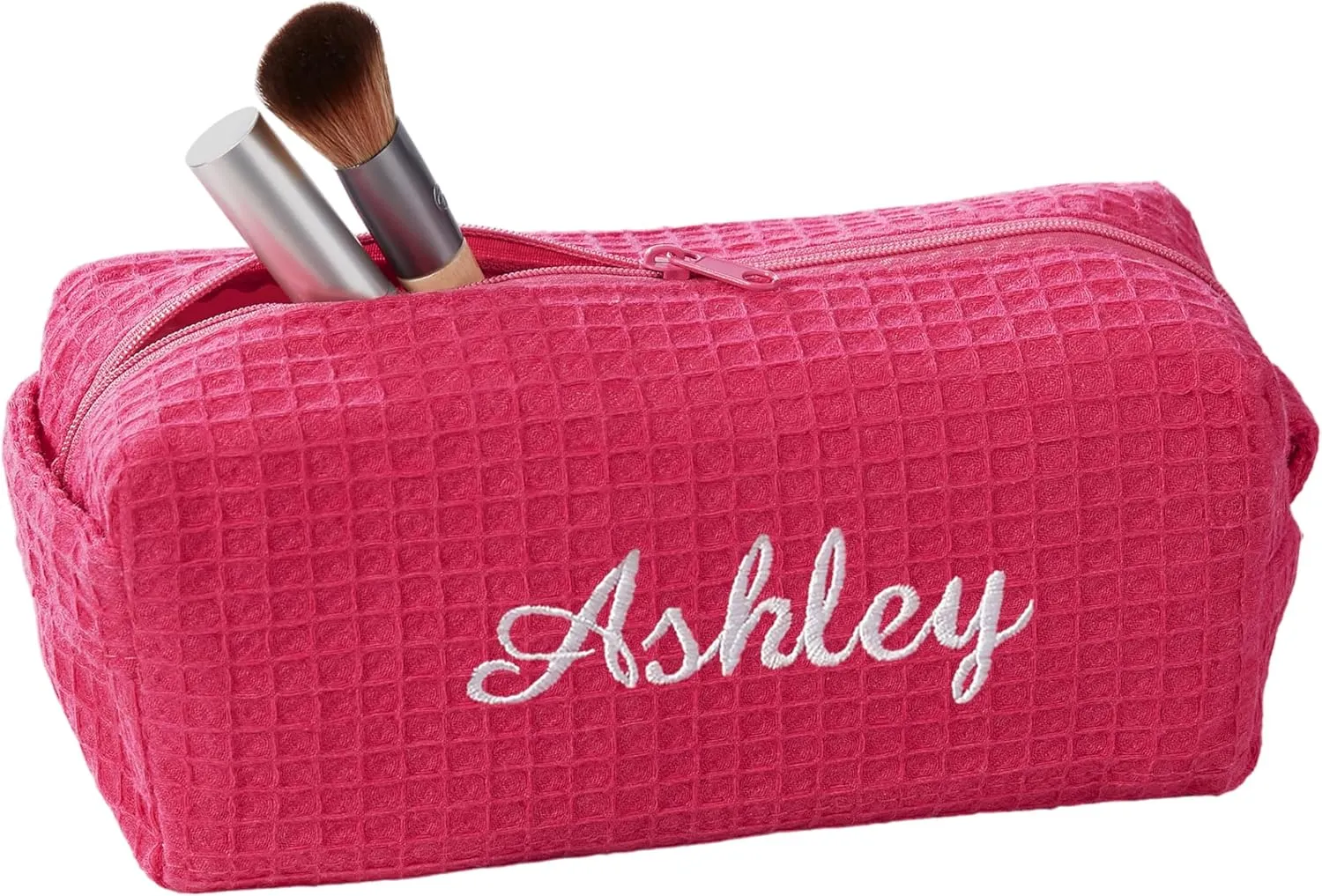 Personalization Universe Personalized Ladies Embroidered Makeup Bag - Waffle Weave, Machine Washable, Custom Name/Initial - Great Bridesmaid & Birthday Gift - Travel/Cosmetic Bag - Hot Pink