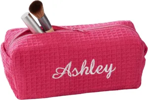 Personalization Universe Personalized Ladies Embroidered Makeup Bag - Waffle Weave, Machine Washable, Custom Name/Initial - Great Bridesmaid & Birthday Gift - Travel/Cosmetic Bag - Hot Pink