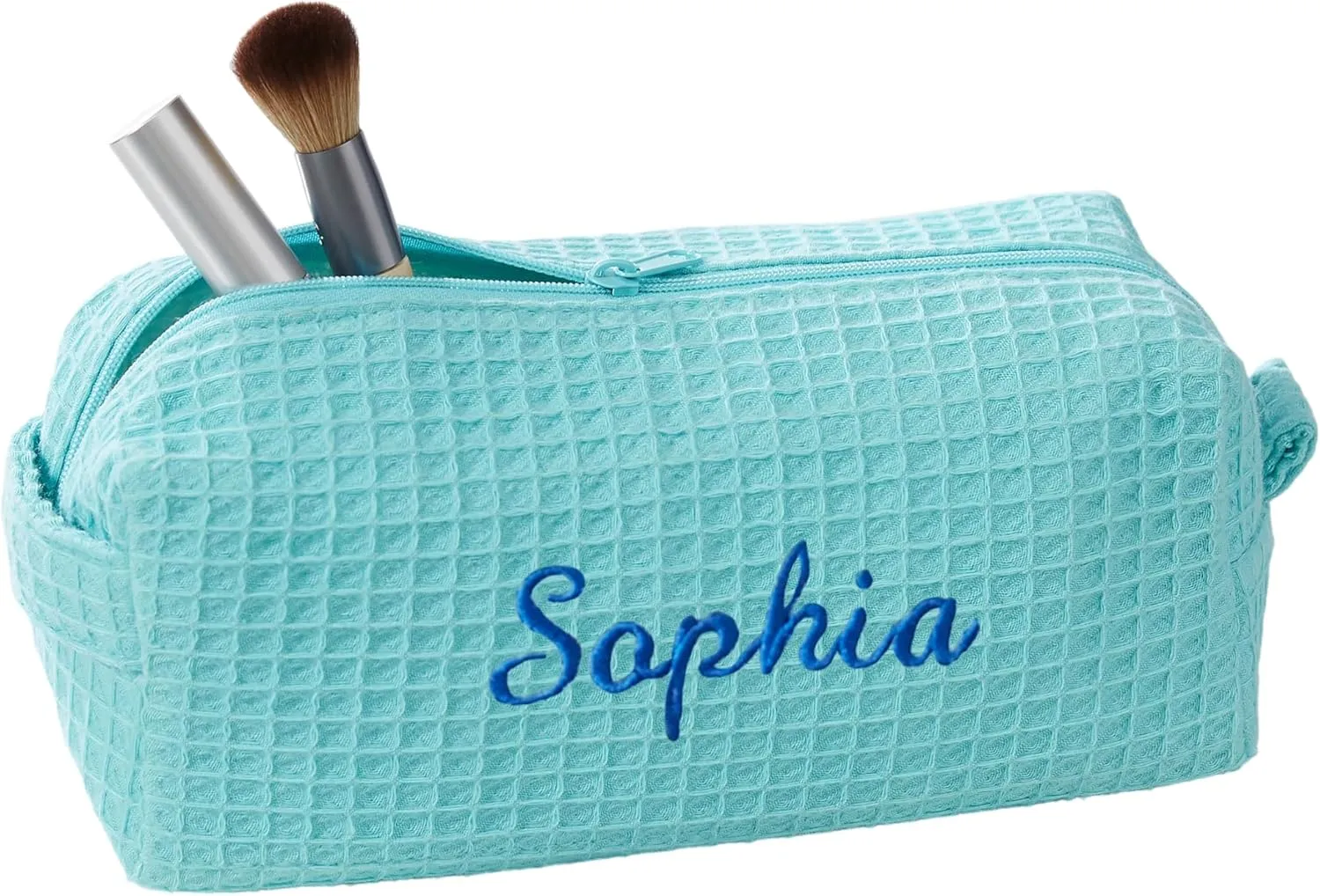 Personalization Universe Personalized Ladies Embroidered Makeup Bag - Waffle Weave, Machine Washable, Custom Name/Initial - Great Bridesmaid & Birthday Gift - Travel/Cosmetic Bag - Mint