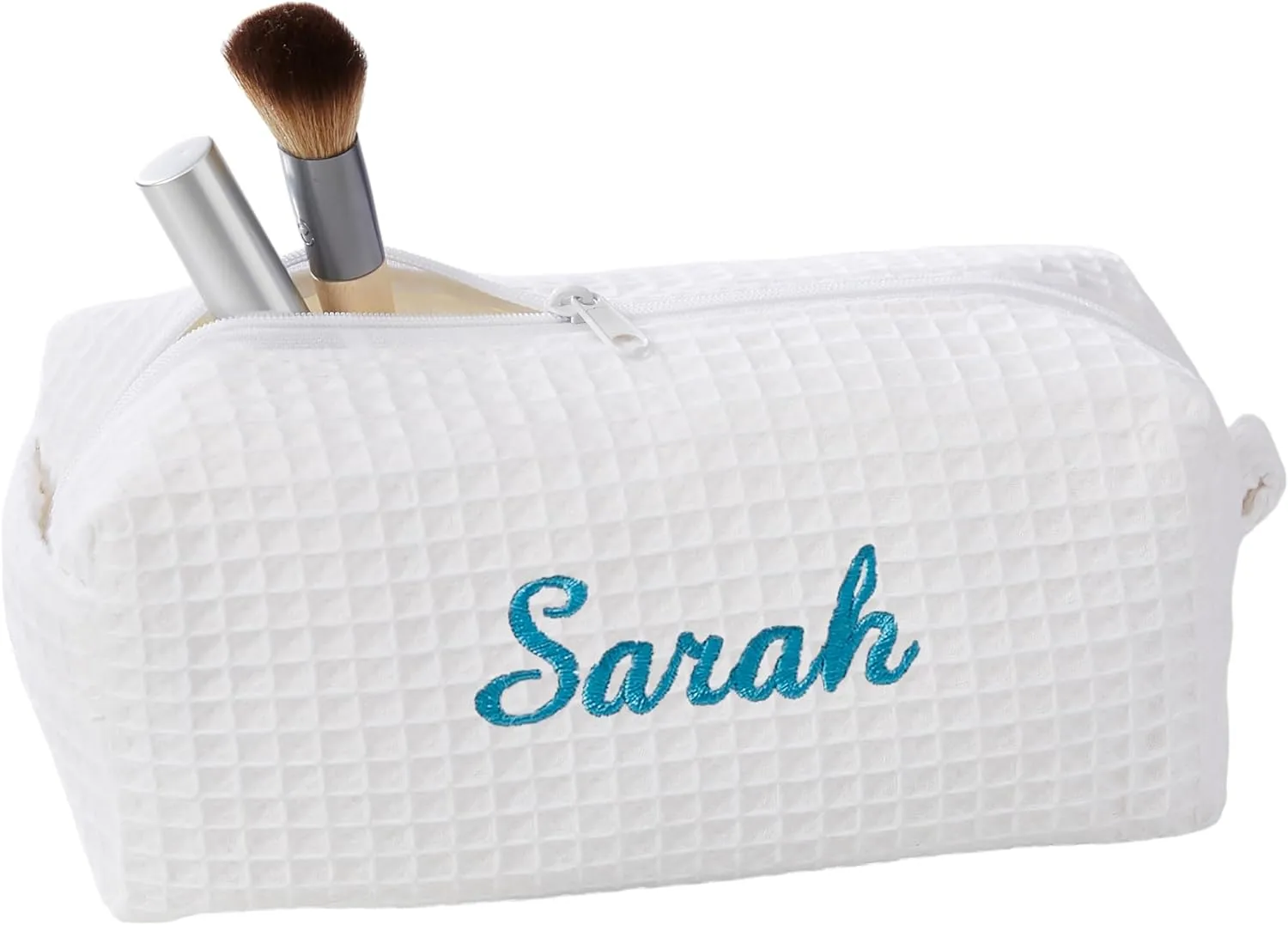 Personalization Universe Personalized Ladies Embroidered Makeup Bag - Waffle Weave, Machine Washable, Custom Name/Initial - Great Bridesmaid & Birthday Gift - Travel/Cosmetic Bag - White