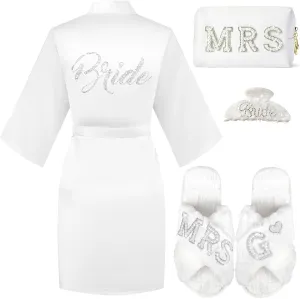 Personalized Initial Wedding Bride Slippers, Bridal Shower Gifts, to Be Gifts, Robe Hair Clip MRS Makeup Bag