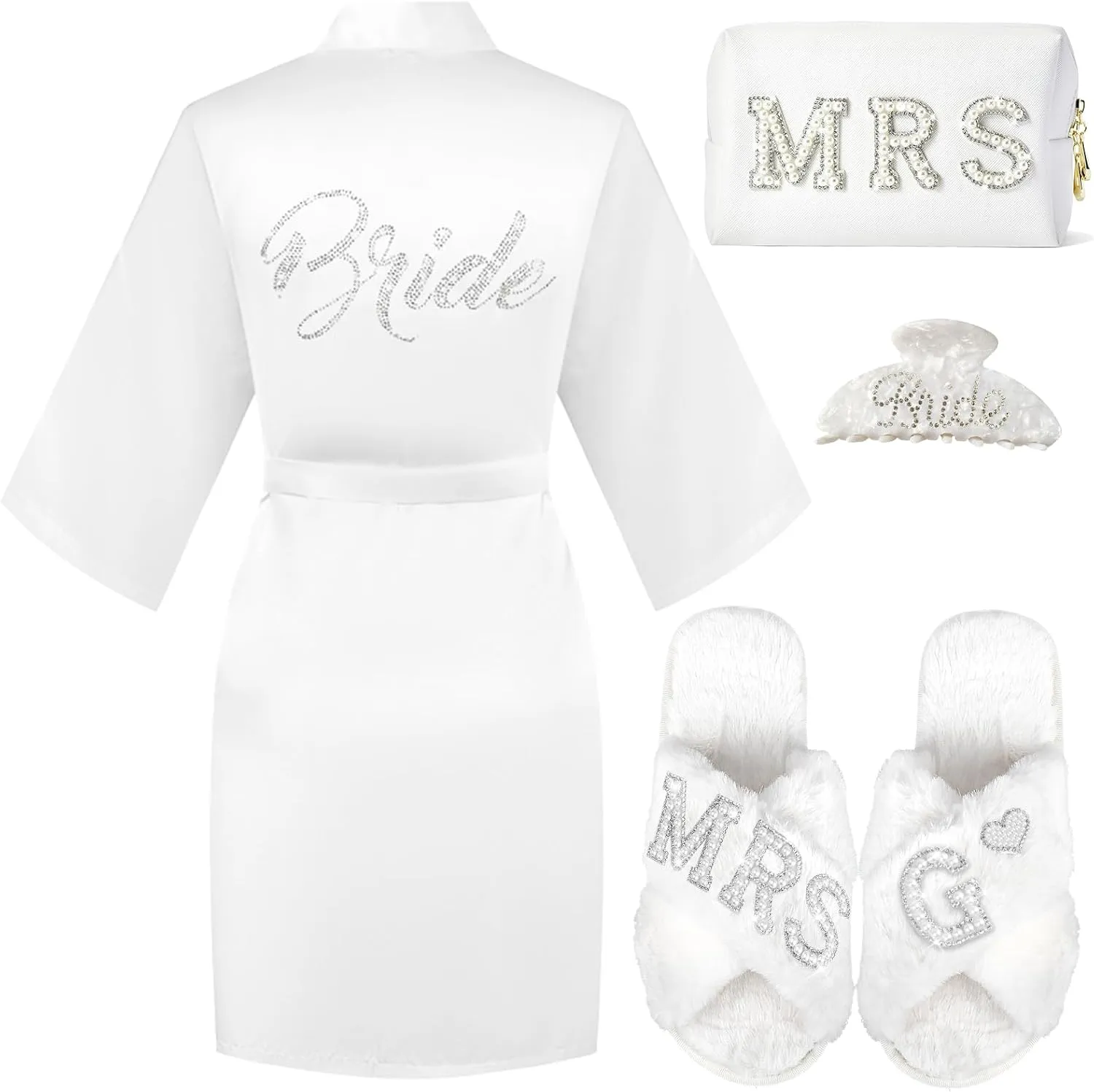 Personalized Initial Wedding Bride Slippers, Bridal Shower Gifts, to Be Gifts, Robe Hair Clip MRS Makeup Bag