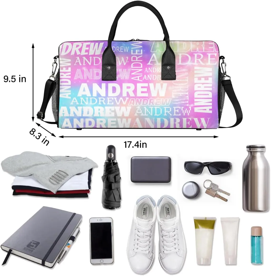 Personalized Name Duffel Bag Sports Gym Bag Dance Duffel Bags with Name Travel Overnight Carry-On Duffel Bag for Women Men, Rainbow Sparkly