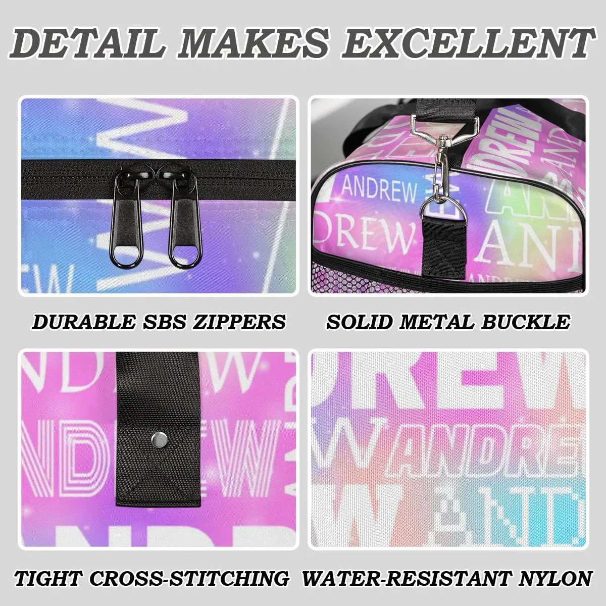 Personalized Name Duffel Bag Sports Gym Bag Dance Duffel Bags with Name Travel Overnight Carry-On Duffel Bag for Women Men, Rainbow Sparkly