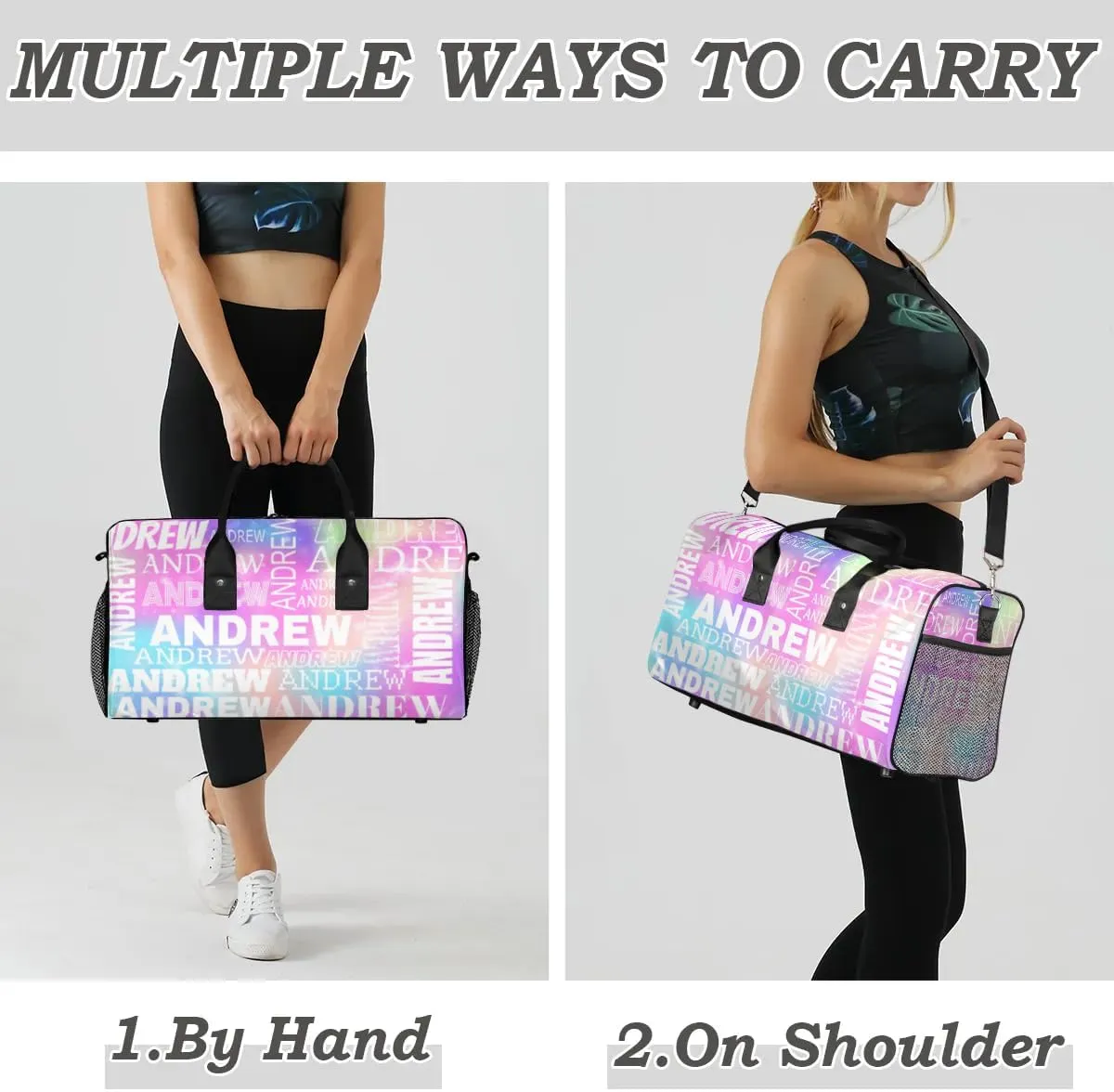 Personalized Name Duffel Bag Sports Gym Bag Dance Duffel Bags with Name Travel Overnight Carry-On Duffel Bag for Women Men, Rainbow Sparkly