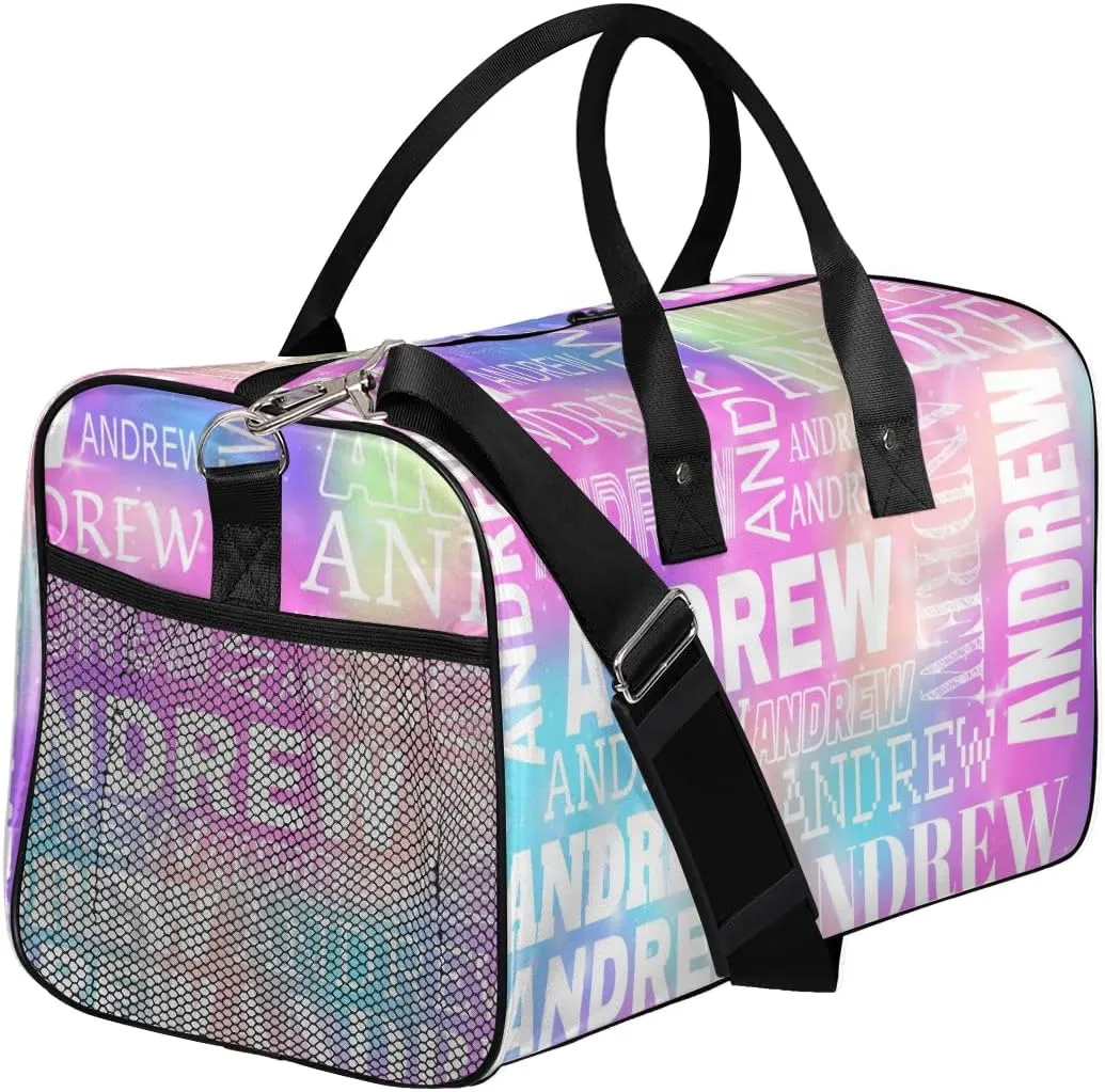 Personalized Name Duffel Bag Sports Gym Bag Dance Duffel Bags with Name Travel Overnight Carry-On Duffel Bag for Women Men, Rainbow Sparkly