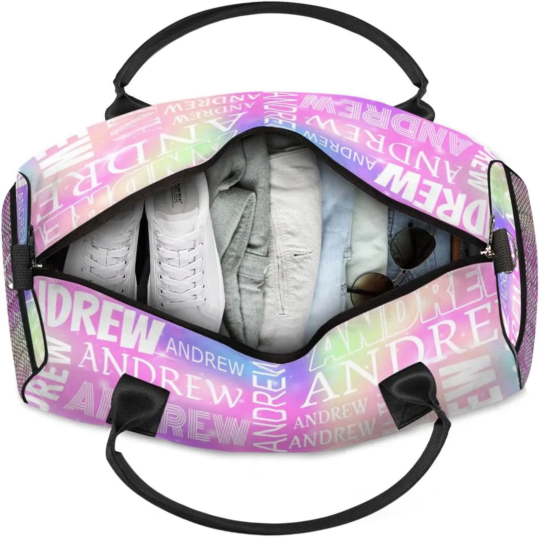 Personalized Name Duffel Bag Sports Gym Bag Dance Duffel Bags with Name Travel Overnight Carry-On Duffel Bag for Women Men, Rainbow Sparkly