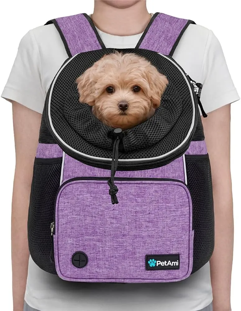 PetAmi Adjustable Cat & Dog Chest Carrier Backpack, Ventilated for Hiking & Camping, Max 15 lbs, Purple
