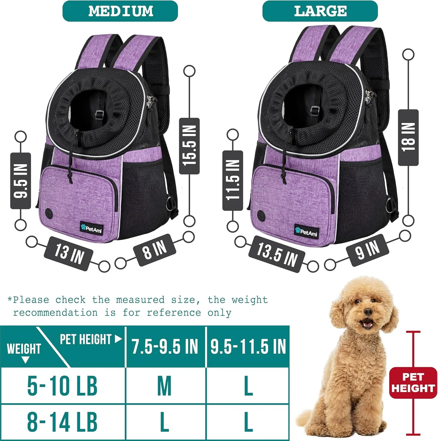 PetAmi Adjustable Cat & Dog Chest Carrier Backpack, Ventilated for Hiking & Camping, Max 15 lbs, Purple