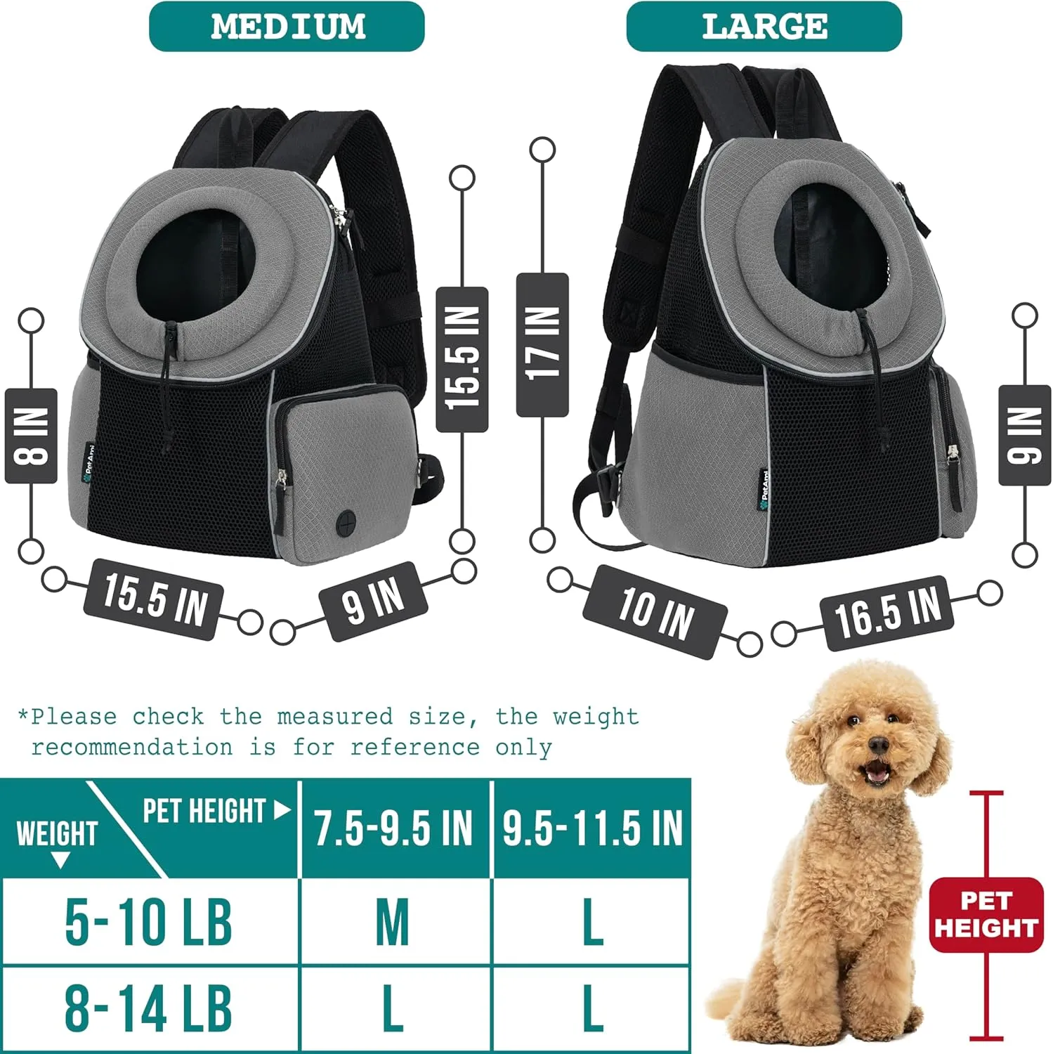 PetAmi Dog Front Carrier Backpack, Ventilated Adjustable Dog Pet Cat Chest Carrier Backpack, Dog Carrier for Hiking Camping Travel, Small Dog Puppy Medium Cat Carrying Bag, Max 14 lbs, Grey