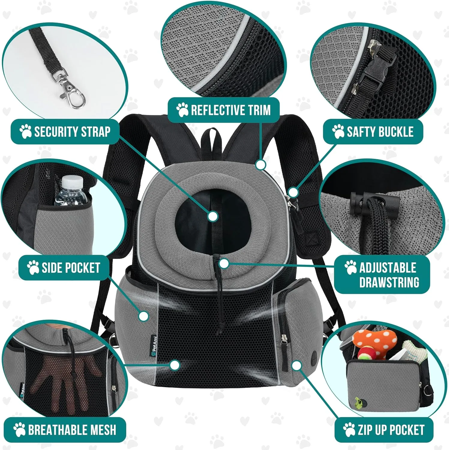 PetAmi Dog Front Carrier Backpack, Ventilated Adjustable Dog Pet Cat Chest Carrier Backpack, Dog Carrier for Hiking Camping Travel, Small Dog Puppy Medium Cat Carrying Bag, Max 14 lbs, Grey