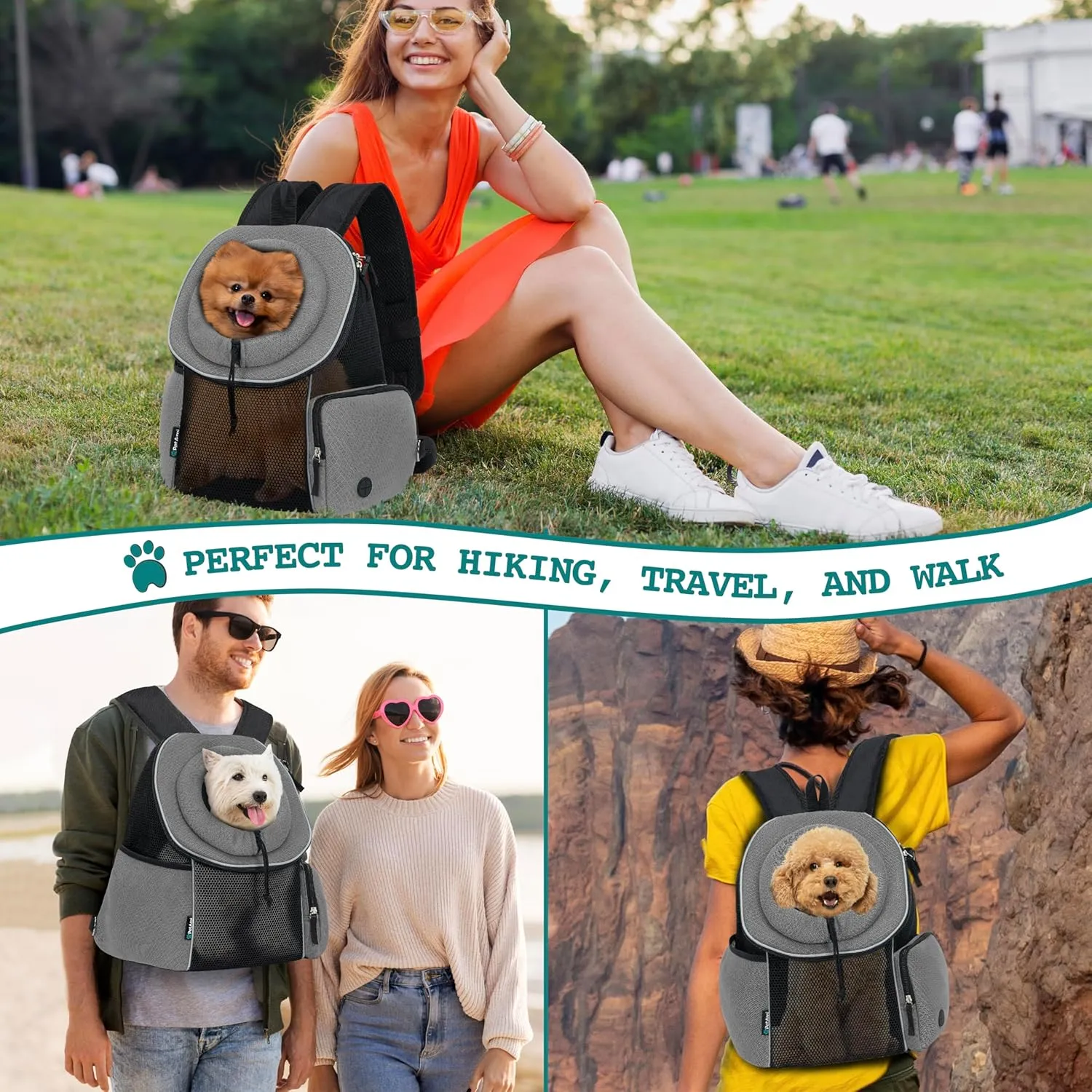 PetAmi Dog Front Carrier Backpack, Ventilated Adjustable Dog Pet Cat Chest Carrier Backpack, Dog Carrier for Hiking Camping Travel, Small Dog Puppy Medium Cat Carrying Bag, Max 14 lbs, Grey