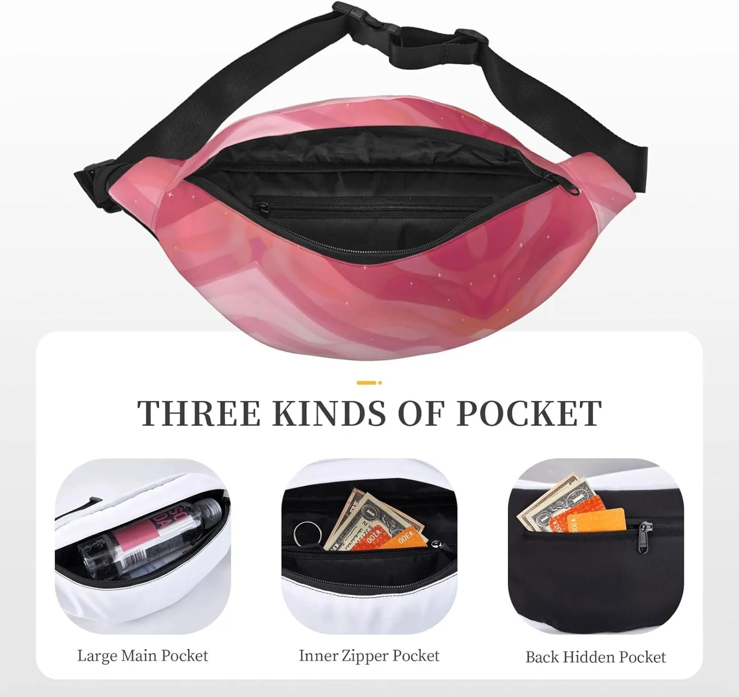 Pink Gradient Style Print Large Crossbody Fanny Pack, Cute Waterproof Waist Pack Belt Bag For Men, Women, Stylish Running Accessory