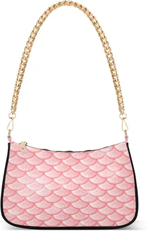 Pink Mermaid Fish Scales Womens Shoulder Bag for Women Girls Hobo Tote Handbag Gold Chain Crossbody Bag with Zipper Clutch Purse Handbags