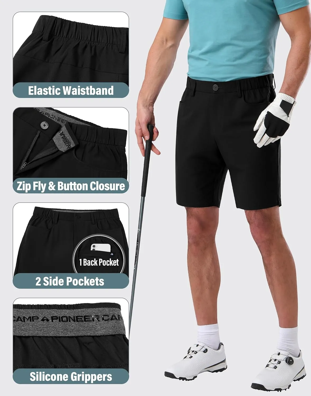 Pioneer Camp Men's Dress Golf Shorts Flat Front Elastic Waist 9 Inch Inseam Quick Dry Stretch Lightweight Shorts with Pockets