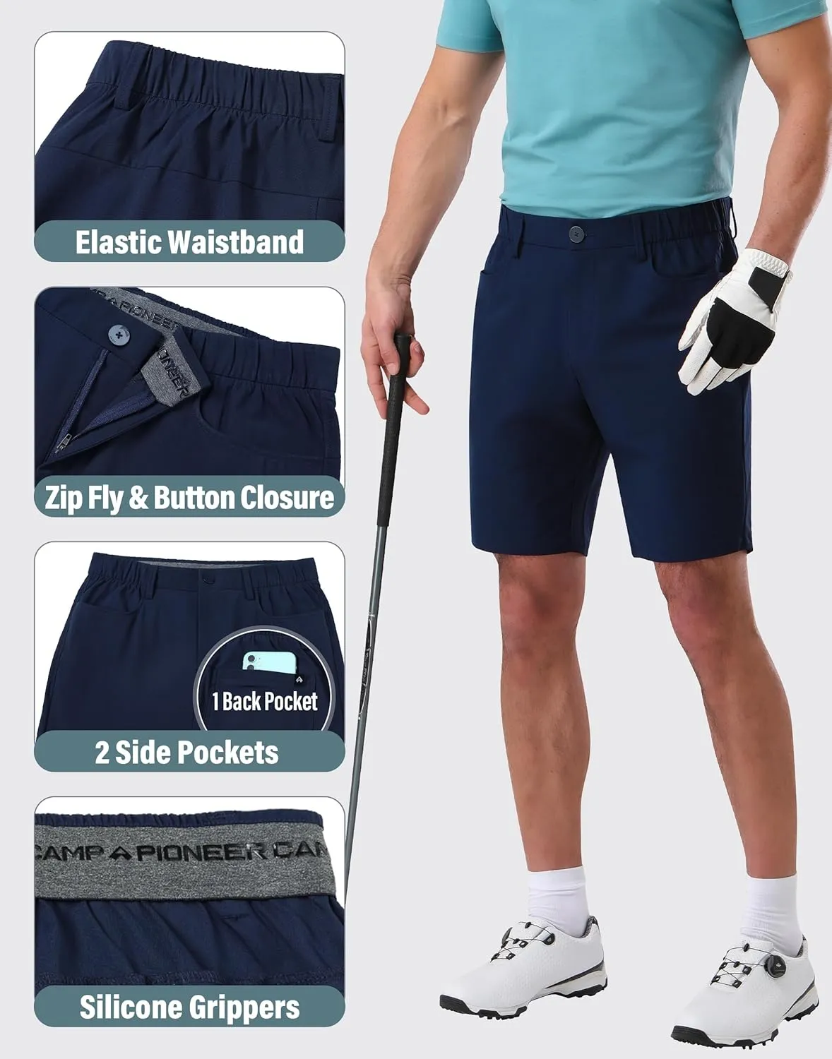 Pioneer Camp Men's Dress Golf Shorts Flat Front Elastic Waist 9 Inch Inseam Quick Dry Stretch Lightweight Shorts with Pockets