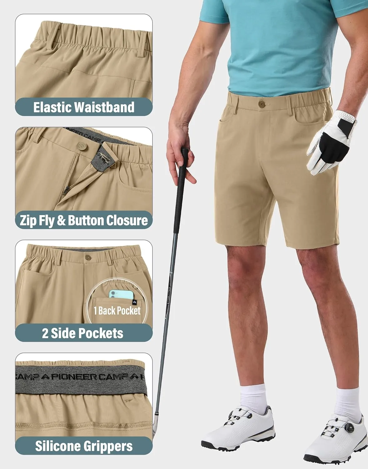 Pioneer Camp Men's Dress Golf Shorts Flat Front Elastic Waist 9 Inch Inseam Quick Dry Stretch Lightweight Shorts with Pockets