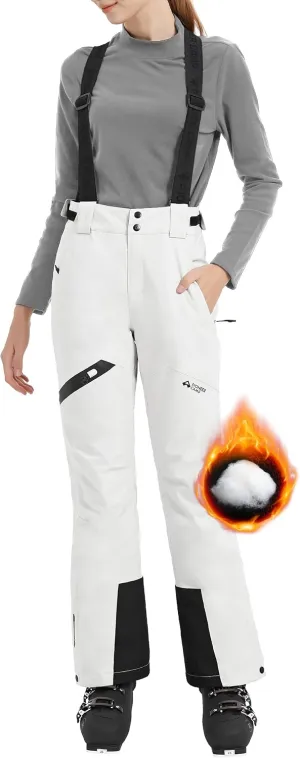 Pioneer Camp Women's Snow Pants Ski Bibs Waterproof Insulated Snowboard Overalls Winter Cargo Hiking Pants with Suspenders White