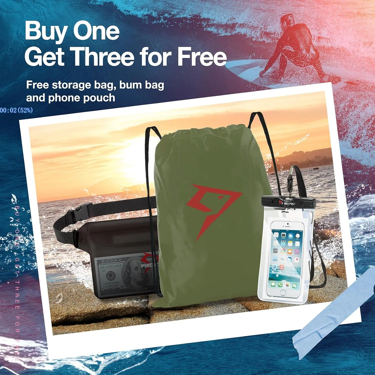 Piscifun Dry Bag Waterproof, Lightweight Dry Backpack with Waist Pouch and Phone Case for Kayaking, Boating 10L 20L 30L