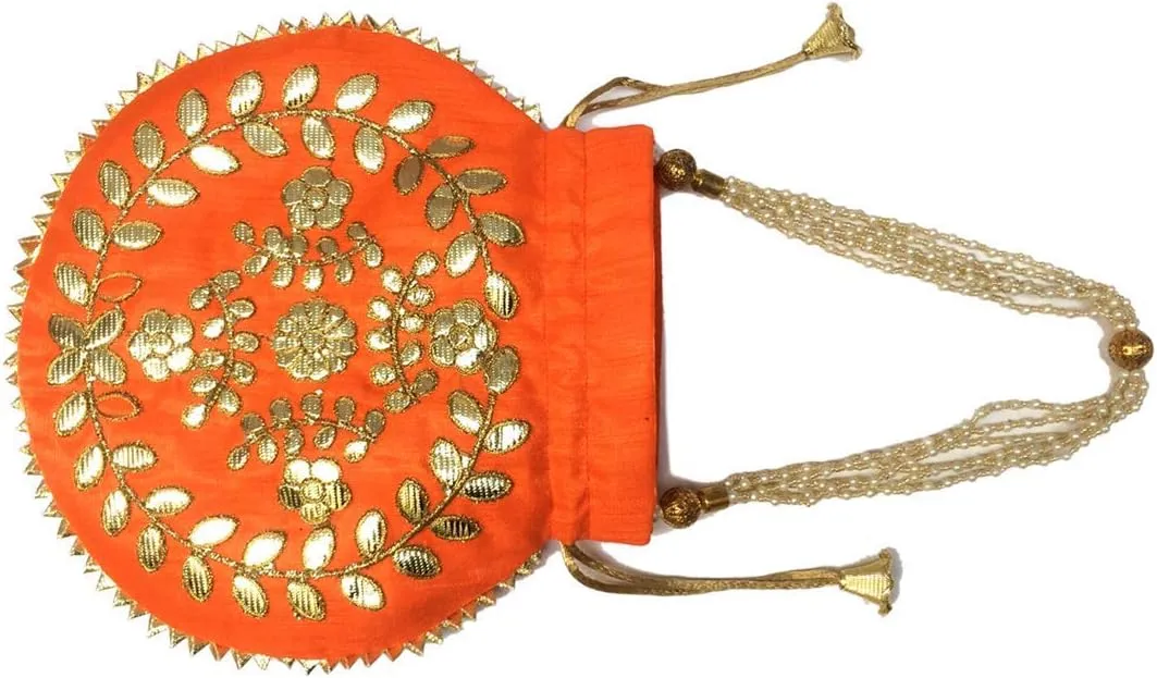 Potli Bag for Women Jewelry Coin Pouch Gotta Patti Work Batwa Wedding Gifts Pearls Handle Clutch Drawstring Purse (H*L;- 23 * 24 Inch Orange)