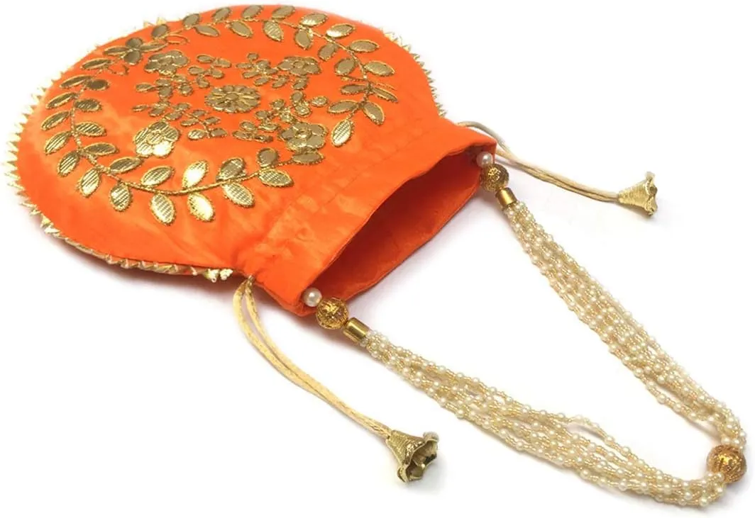 Potli Bag for Women Jewelry Coin Pouch Gotta Patti Work Batwa Wedding Gifts Pearls Handle Clutch Drawstring Purse (H*L;- 23 * 24 Inch Orange)