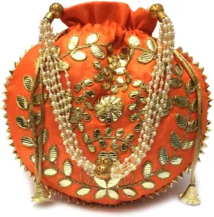 Potli Bag for Women Jewelry Coin Pouch Gotta Patti Work Batwa Wedding Gifts Pearls Handle Clutch Drawstring Purse (H*L;- 23 * 24 Inch Orange)
