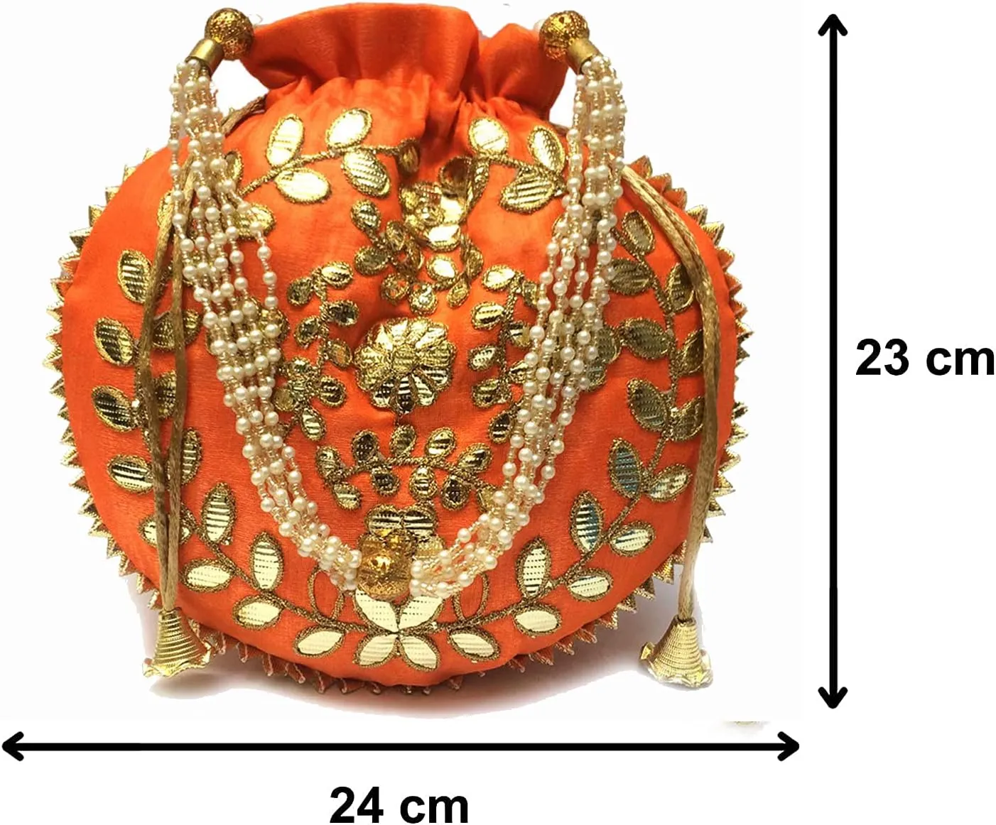 Potli Bag for Women Jewelry Coin Pouch Gotta Patti Work Batwa Wedding Gifts Pearls Handle Clutch Drawstring Purse (H*L;- 23 * 24 Inch Orange)