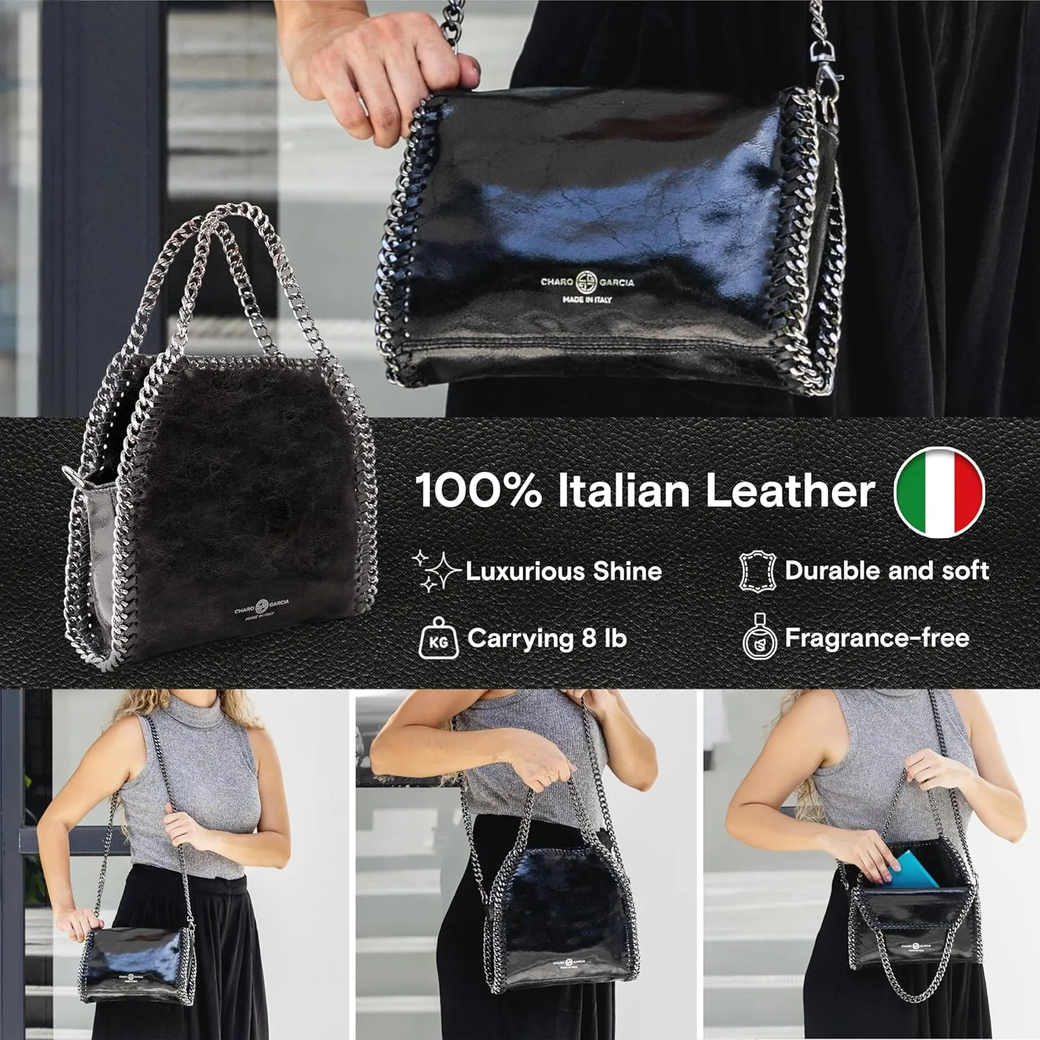 Premium Italian Leather Handmade in Florence, Italy. Crossbody Bag for Women with a Detachable Chain Strap Made in Italy