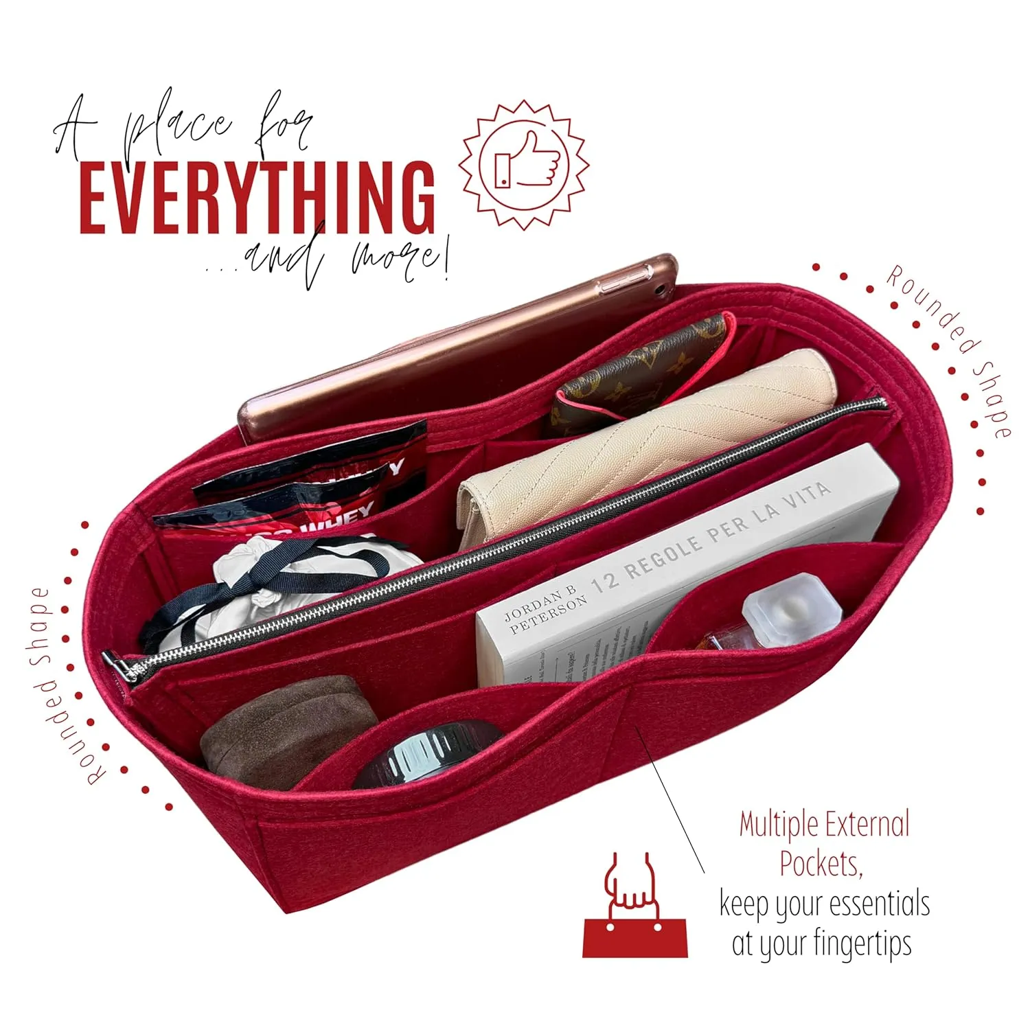 Premium Purse Organizer compatible with Anjou PM/GM Bag Organizer Insert, Waterproof Nylon Luxury Fabric, Perfect Fit Oval Shaped Silver Zipper (For Anjou PM, Grey)