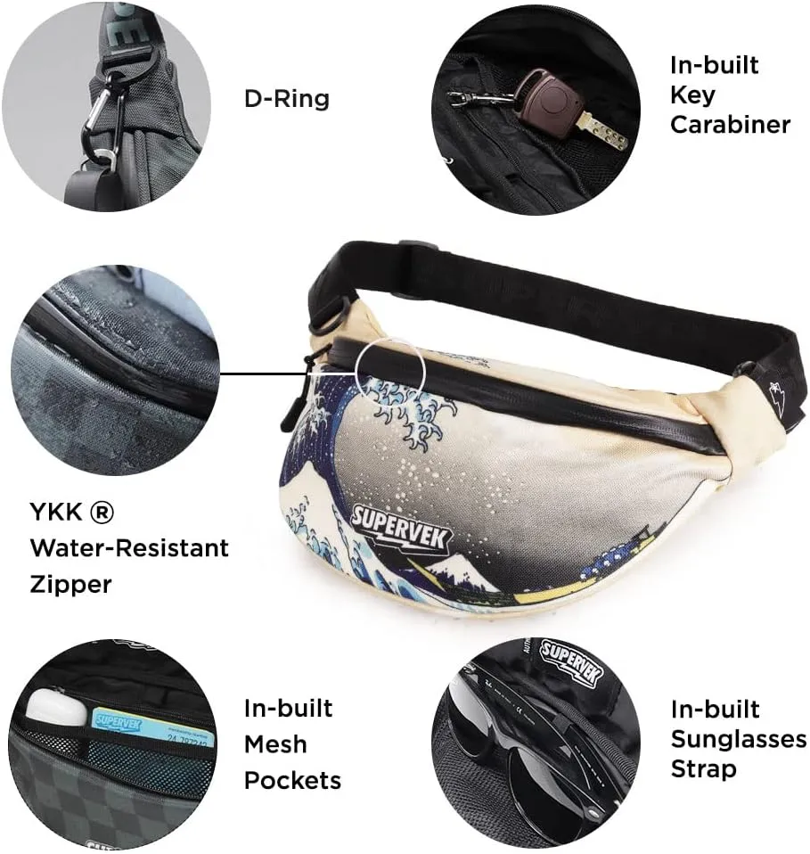 PRO Fanny Pack for Men Women - YKK Waterproof Zipper & Fabric, Crossbody Bag Waist Pack, Belt Bag for Travel Running Outdoor Hiking Cycling - Carry Any Phone, Wallet - The Great Wave