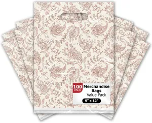 Pro Supply Global 9x12 100 Count Pink Paisley Designer Retail Boutique Merchandise Bags with Die Cut Handles Premium Printed Shopping Bags For Small Business Shop Owners
