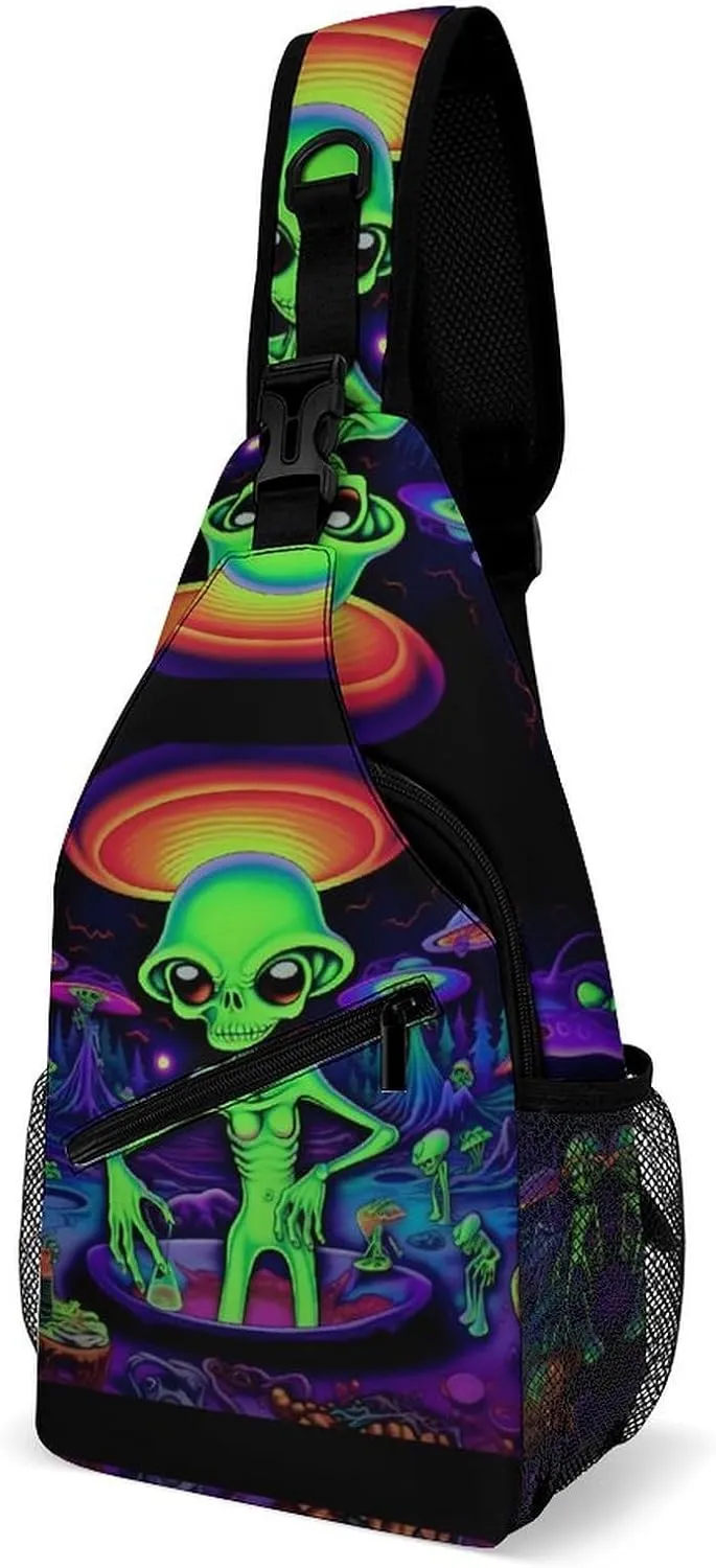 Psychedelic Aliens Printed Crossbody Sling Bag Chest Bags Shoulder Backpack for Travel Sport