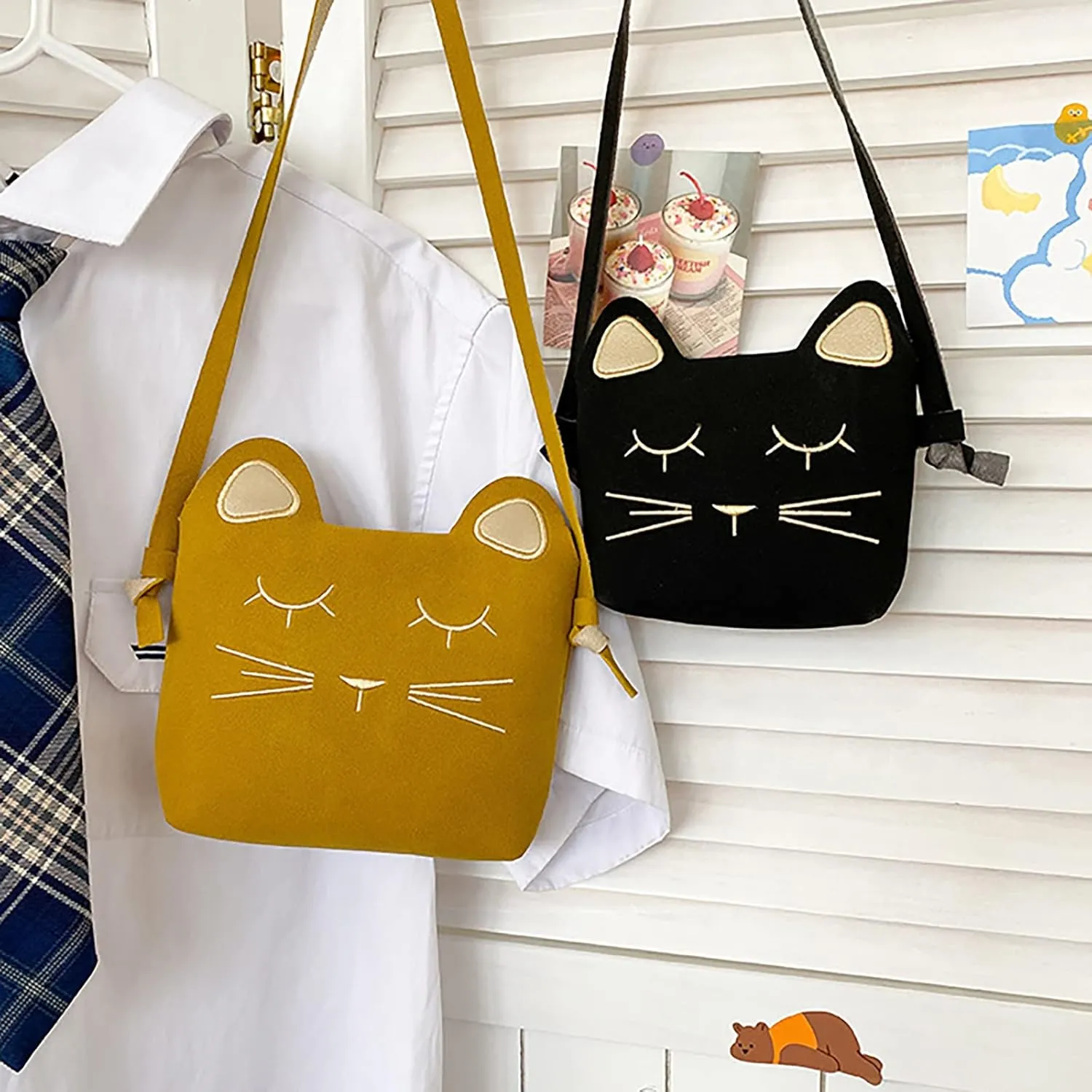 Pu Leather Tote Large Size Fashionable Funny Personality Rainbow Cute Embroidered Cat Messenger Bag