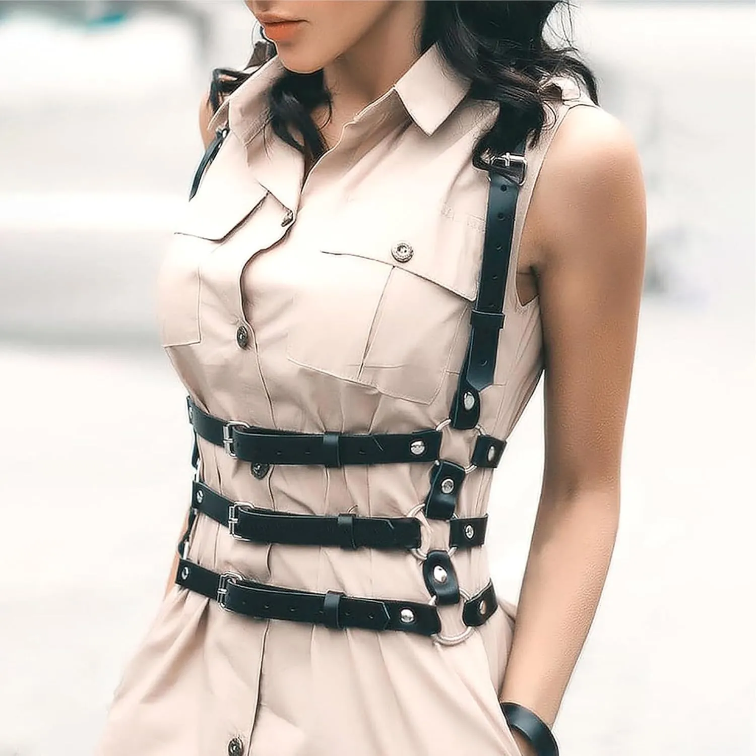 Punk Belt Black Pu Leather Harness Belt for Women Goth Body Adjustable Waist Belts Rave Halloween Dresses Party Accessories