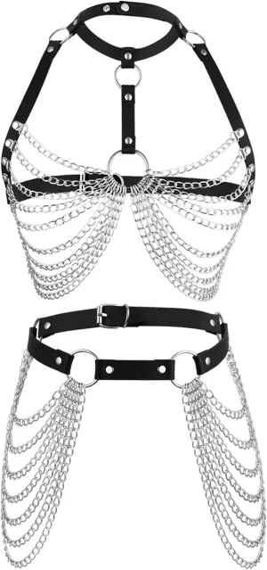 Punk Leather Body Chains for Women Layered Waist Belly Chain Belt Black Chest Chain Gothic Party Rave Body Jewelry