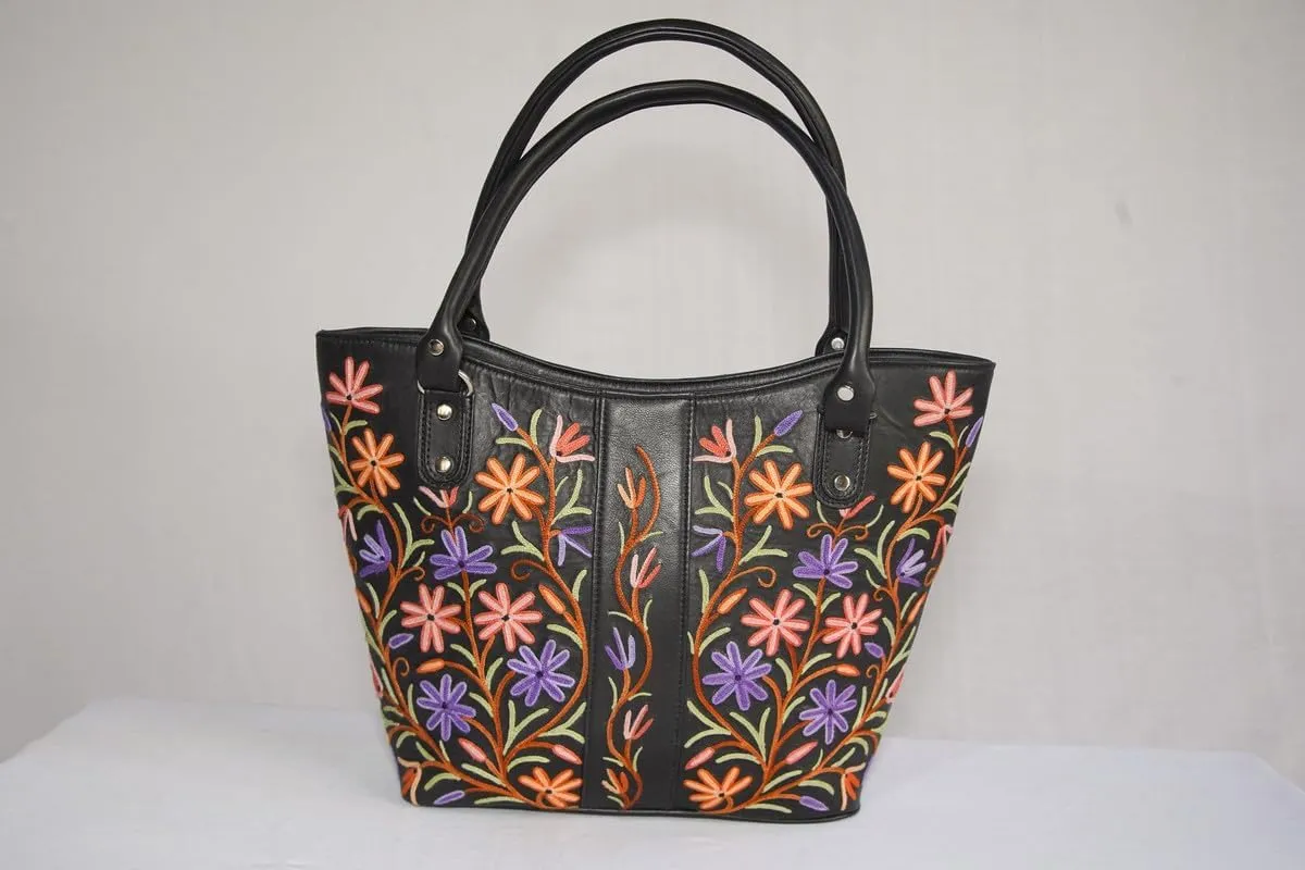 Pure Leather Hand Aari Embroidered Handbag for Women with Zipper Shoulder Crossbody Stylish Purse For Ladies Girls.
