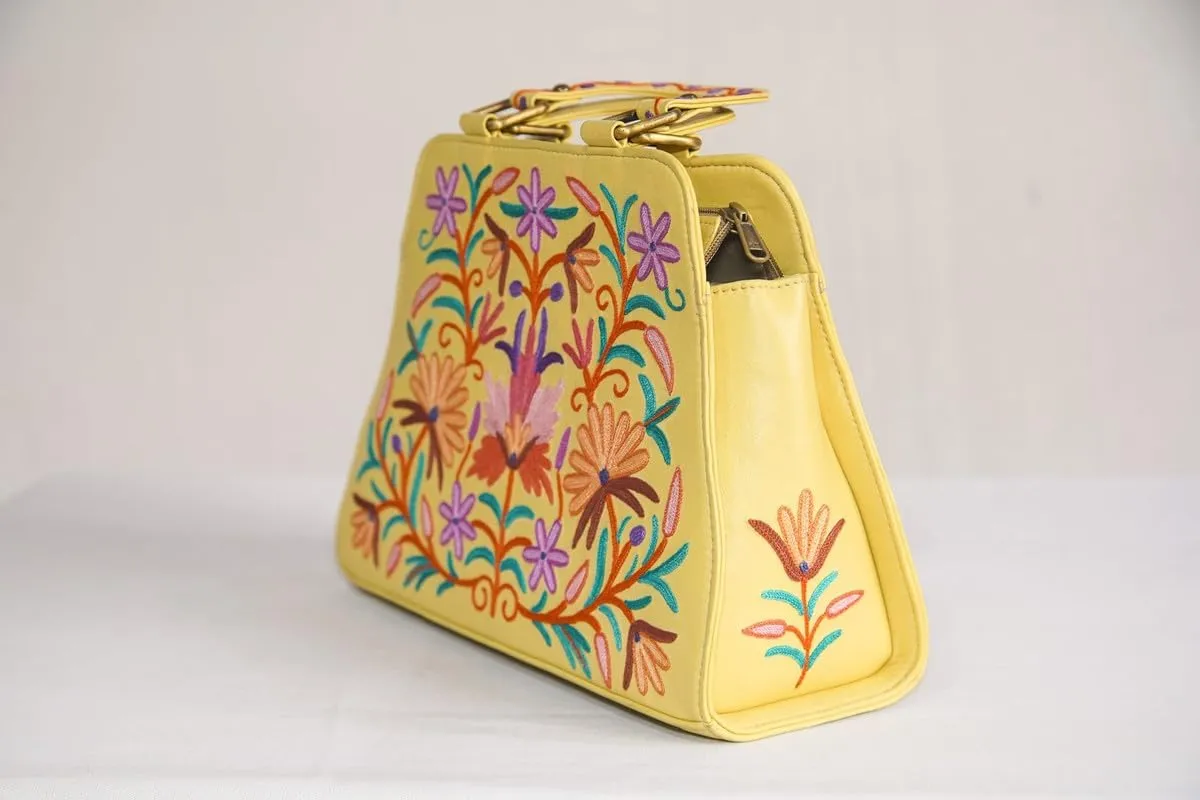 Pure Leather Hand Aari Embroidered Handbag for Women with Zipper Shoulder Crossbody Stylish Purse For Ladies Girls.