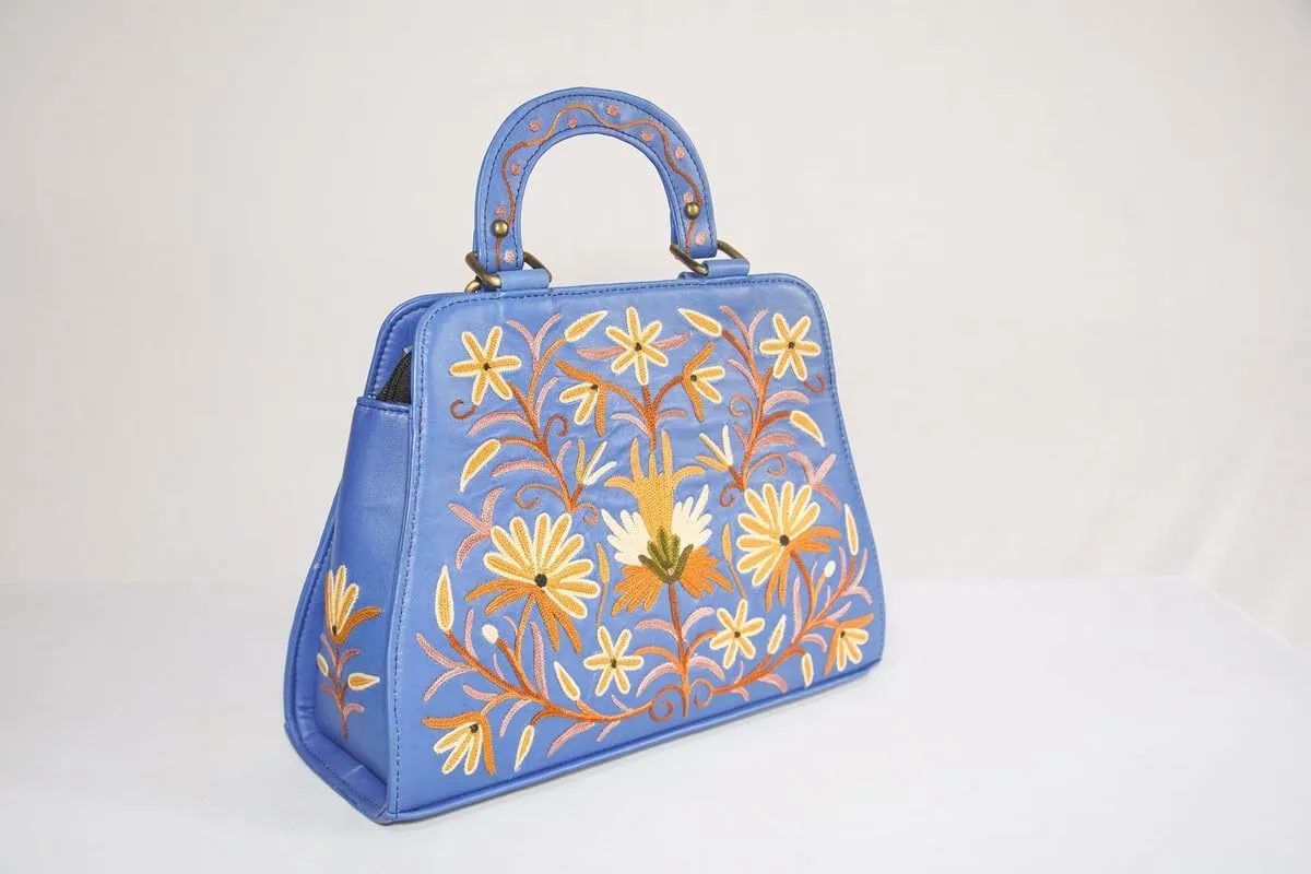 Pure Leather Hand Aari Embroidered Handbag for Women with Zipper Shoulder Crossbody Stylish Purse For Ladies Girls.