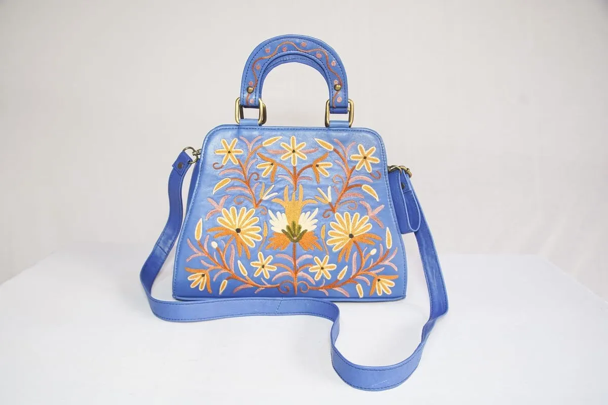 Pure Leather Hand Aari Embroidered Handbag for Women with Zipper Shoulder Crossbody Stylish Purse For Ladies Girls.
