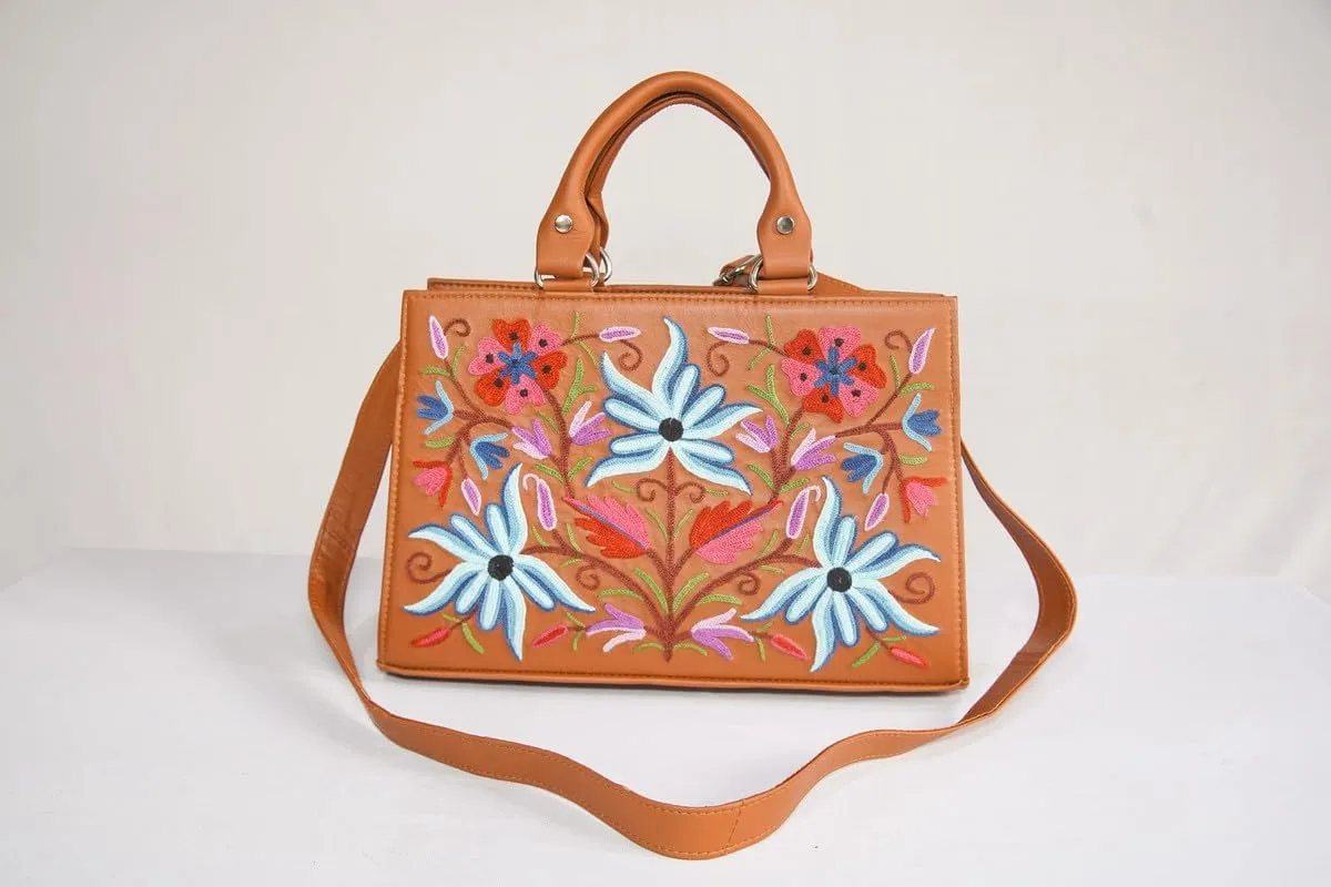 Pure Leather Hand Aari Embroidered Handbag for Women with Zipper Shoulder Crossbody Stylish Purse For Ladies Girls.