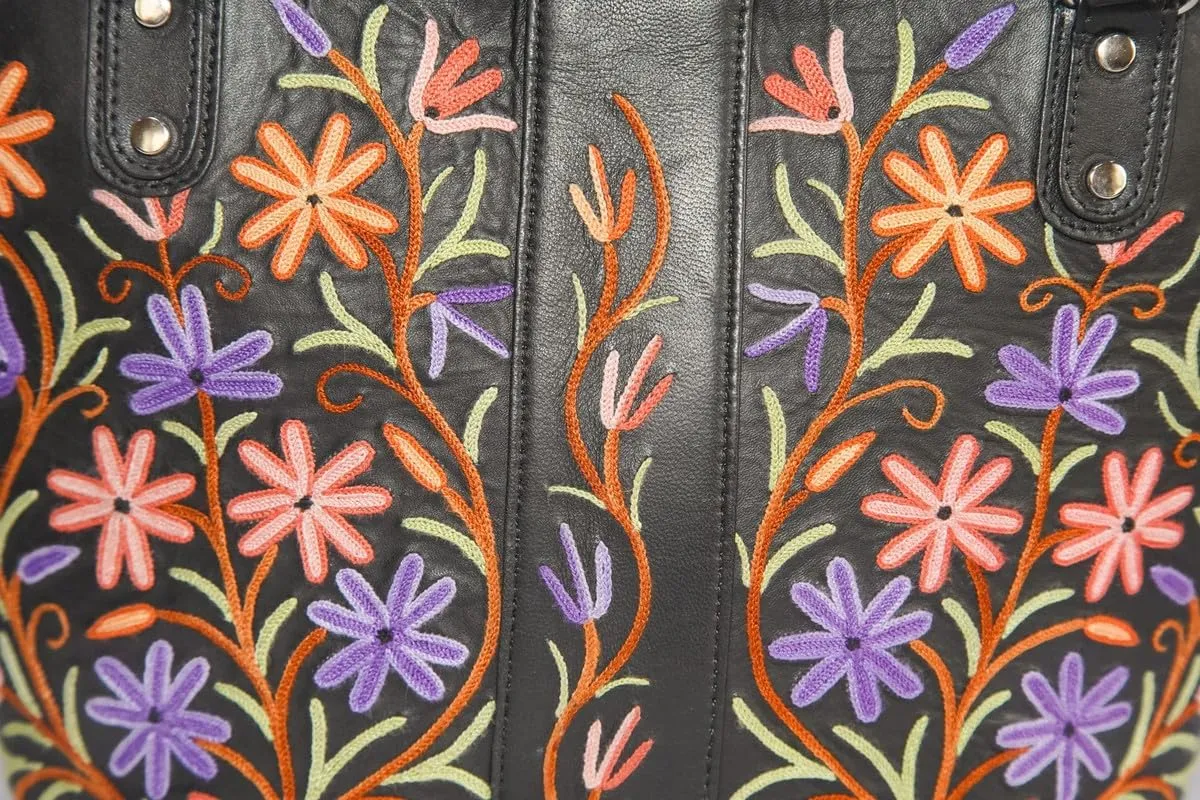 Pure Leather Hand Aari Embroidered Handbag for Women with Zipper Shoulder Crossbody Stylish Purse For Ladies Girls.
