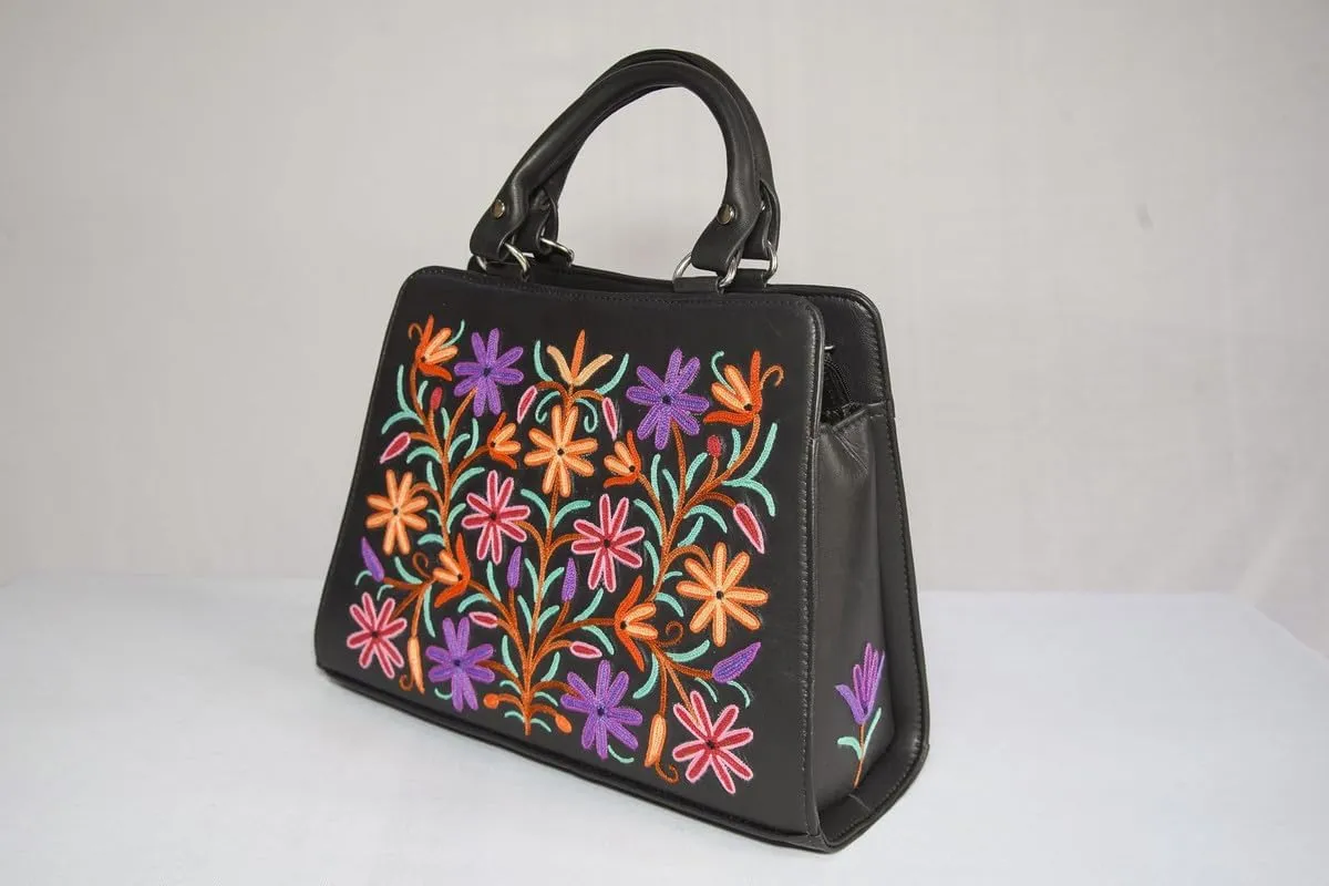 Pure Leather Hand Aari Embroidered Handbag for Women with Zipper Shoulder Crossbody Stylish Purse For Ladies Girls.