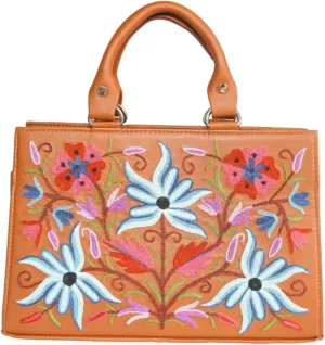 Pure Leather Hand Aari Embroidered Handbag for Women with Zipper Shoulder Crossbody Stylish Purse For Ladies Girls.
