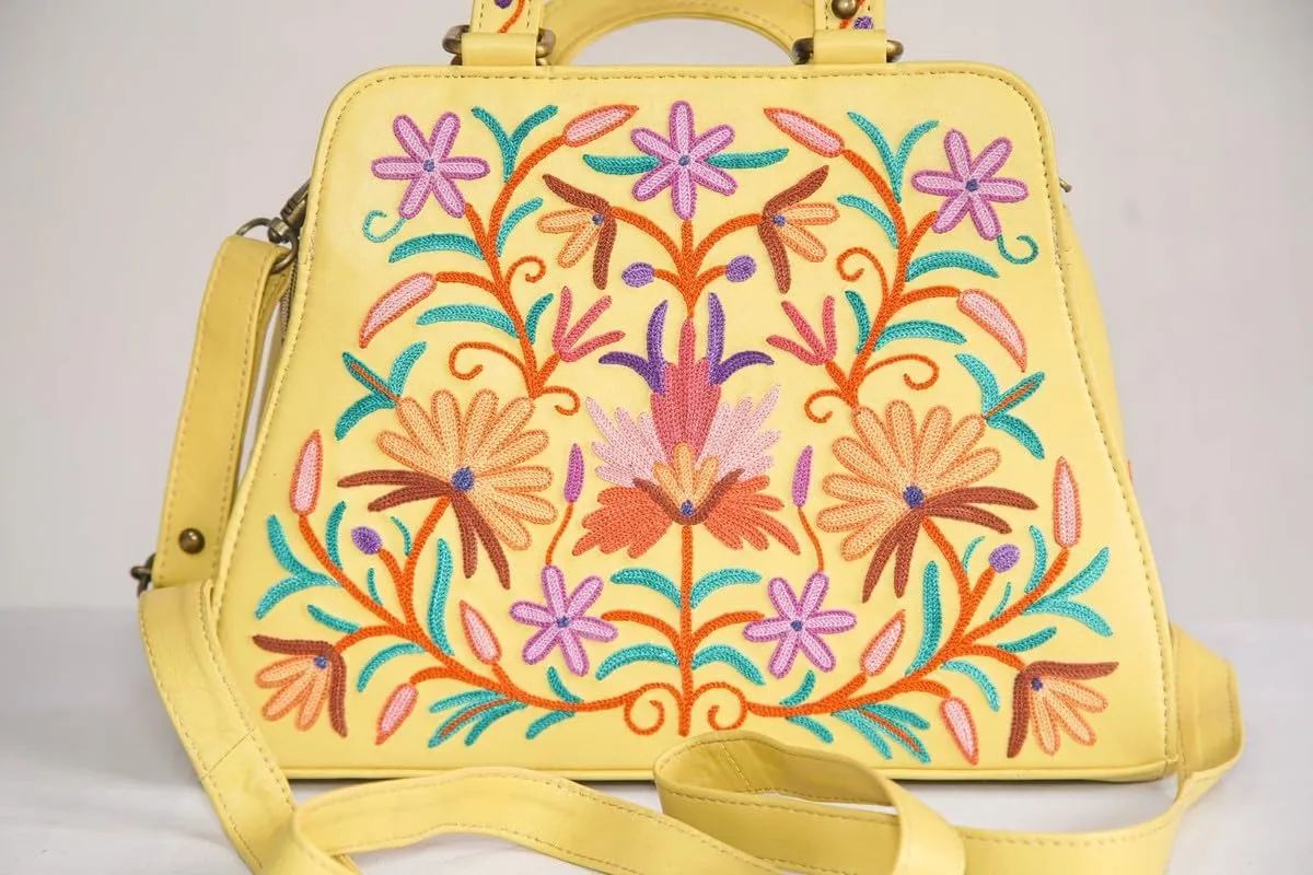 Pure Leather Hand Aari Embroidered Handbag for Women with Zipper Shoulder Crossbody Stylish Purse For Ladies Girls.