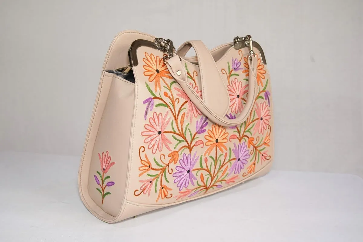 Pure Leather Hand Aari Embroidered Handbag for Women with Zipper Shoulder Crossbody Stylish Purse For Ladies Girls.