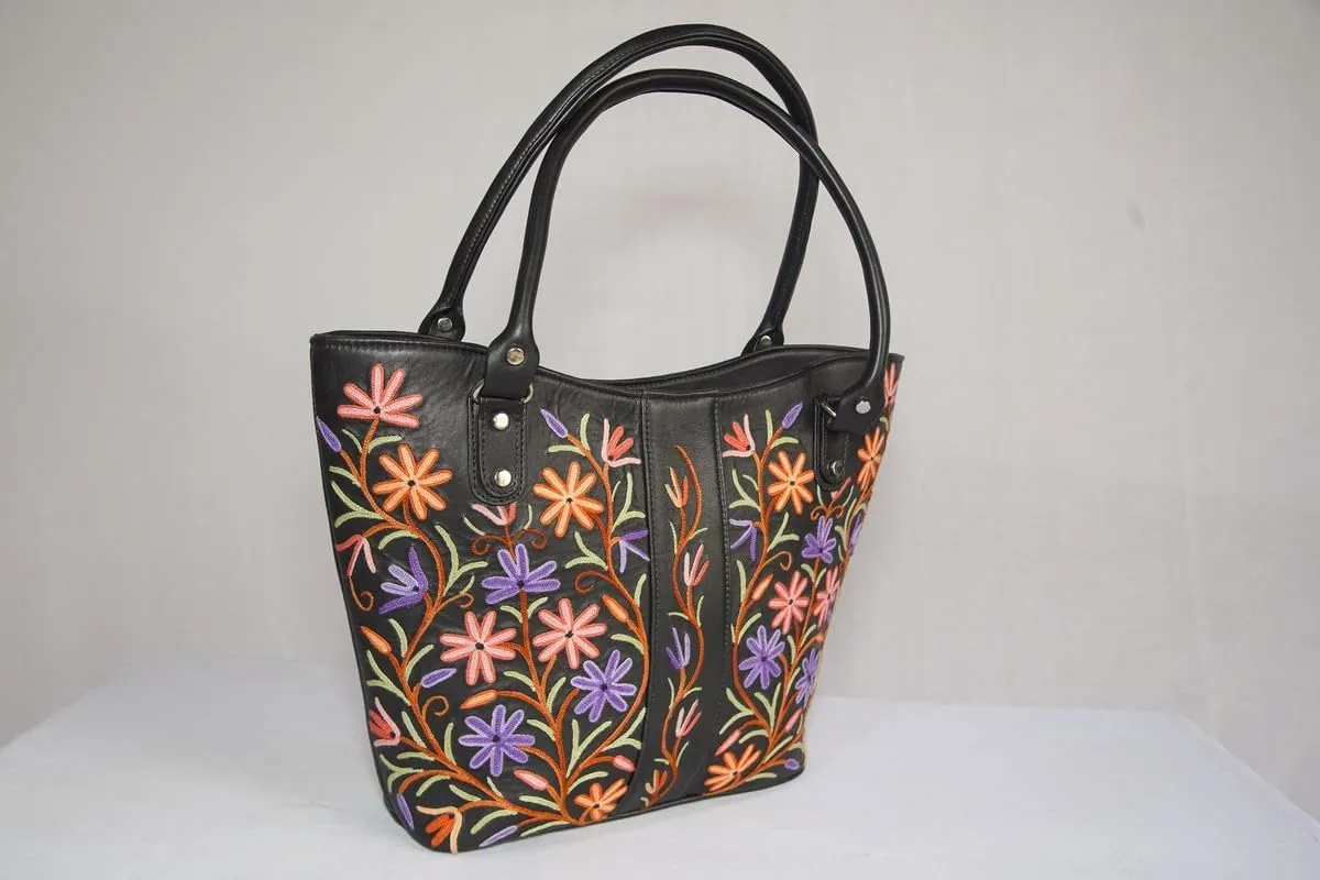 Pure Leather Hand Aari Embroidered Handbag for Women with Zipper Shoulder Crossbody Stylish Purse For Ladies Girls.