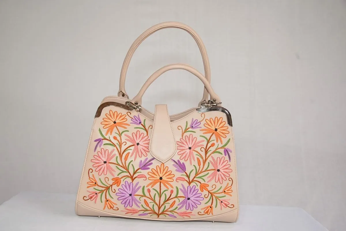 Pure Leather Hand Aari Embroidered Handbag for Women with Zipper Shoulder Crossbody Stylish Purse For Ladies Girls.