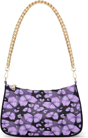 Purple Butterfly Womens Shoulder Bag for Women Girls Hobo Tote Handbag Gold Chain Crossbody Bag with Zipper Clutch Purse Handbags