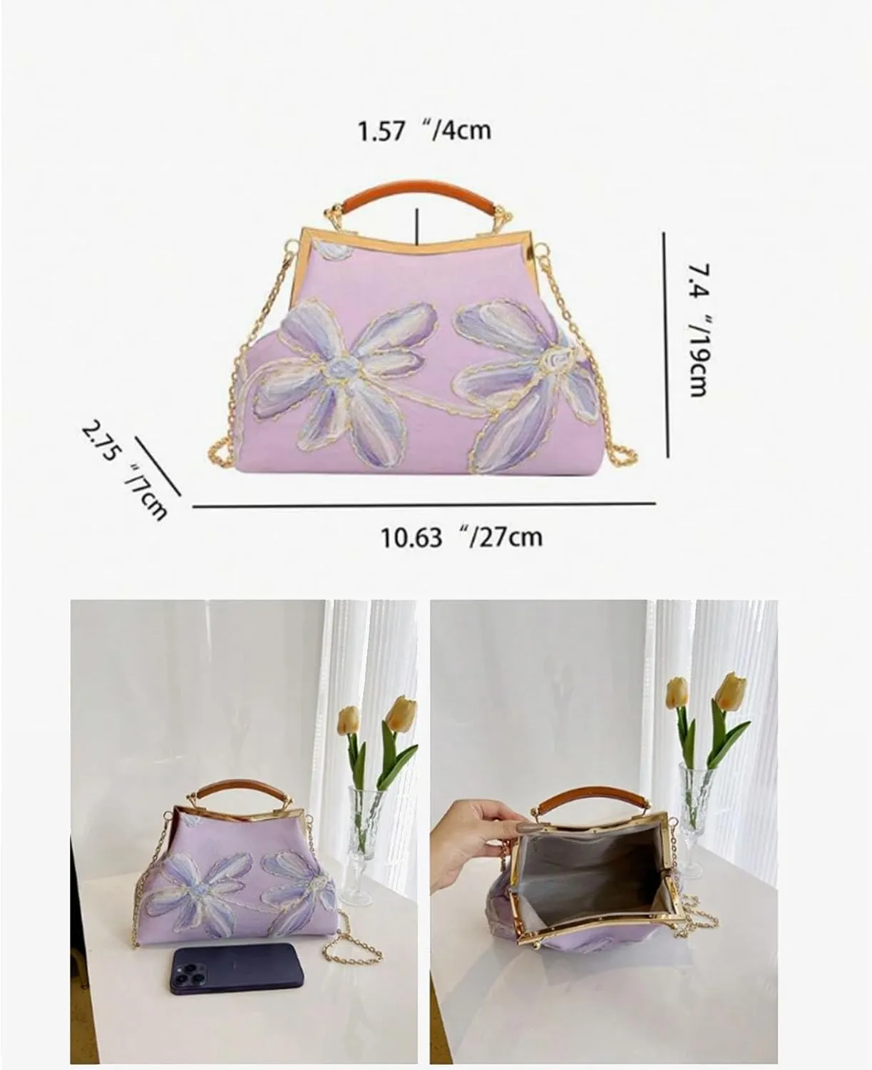 Purple Embroidered Evening Bag with Kiss Clasp, Metal Chain Handle, Ideal Fashion Handbag for Weddings, Formal Events