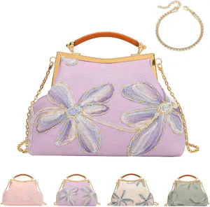 Purple Embroidered Evening Bag with Kiss Clasp, Metal Chain Handle, Ideal Fashion Handbag for Weddings, Formal Events